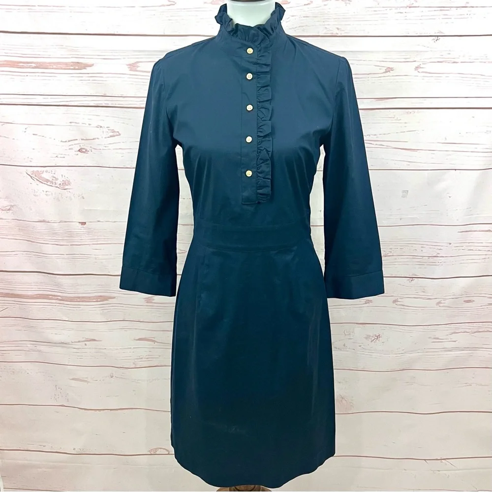 NWOT Tory Burch Navy Cotton Ruffle Mandarin Collar Button Front Shirt Dress